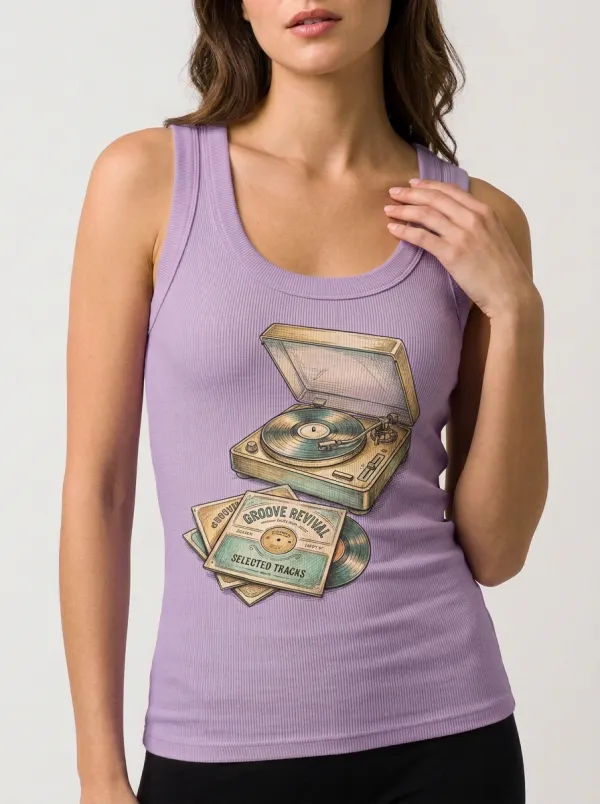 Women's Music Lover Vintage Record Player Printed Tank Top