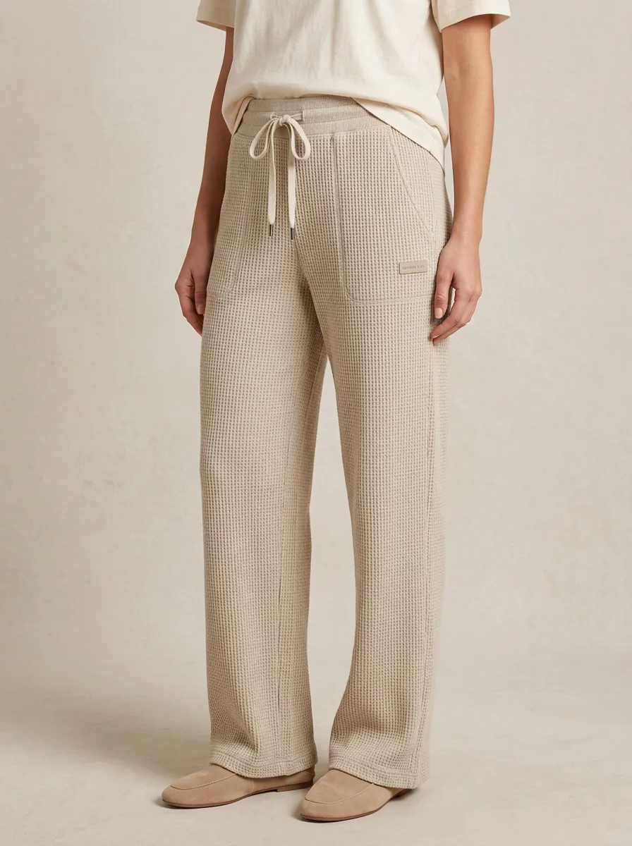 Women's Casual Lounge Waffle Knit Drawstring Wide Leg Pants