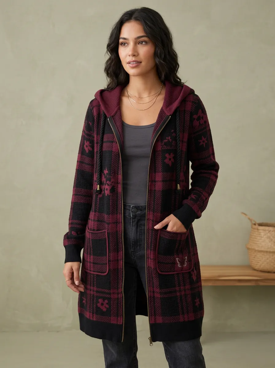 Women's Plaid Floral Butterfly Pattern Hooded Knitted Cardigan