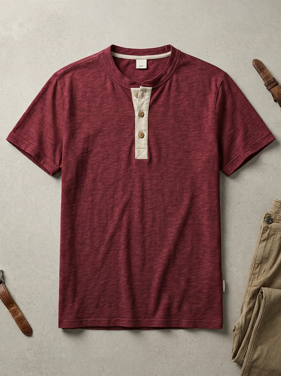 Classic Button-Placket Ribbed Men's Short-Sleeve Henley Shirt