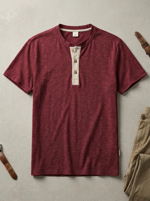 Classic Button-Placket Ribbed Men's Short-Sleeve Henley Shirt