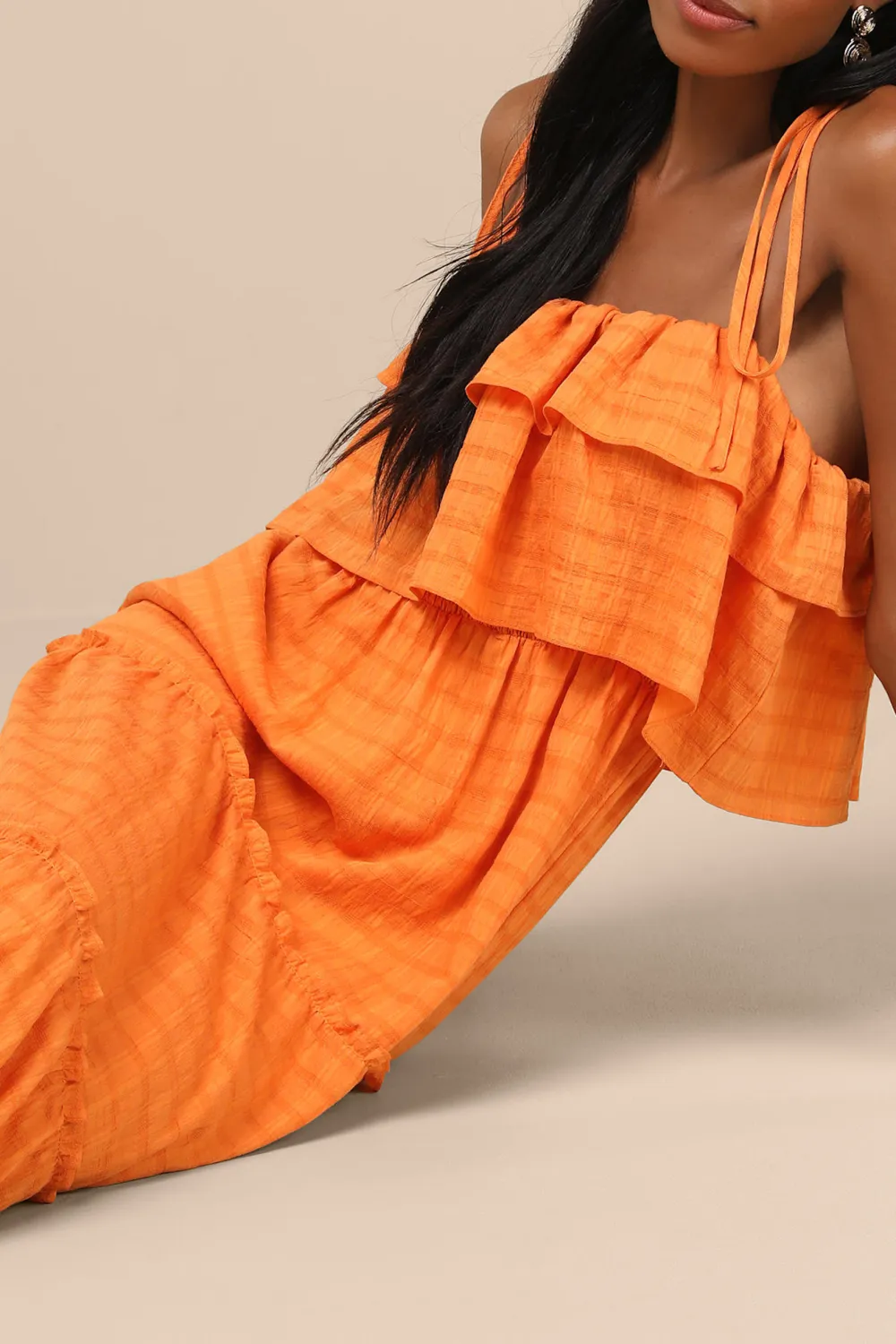 Casual Style Textured Tie-Strap Tiered Maxi Dress
