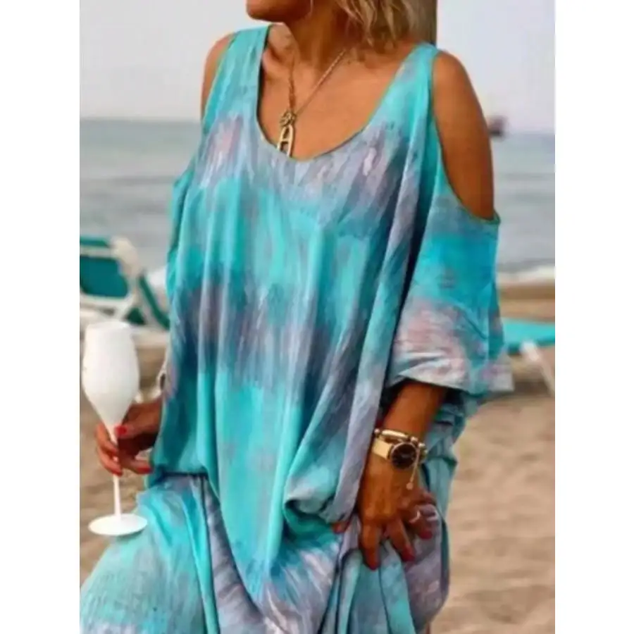 Plus Size Tie Dye Cold Shoulder Maxi Dress