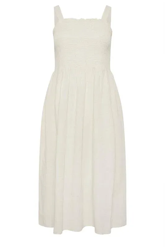 Natural Brown Shirred Linen Midi Dress