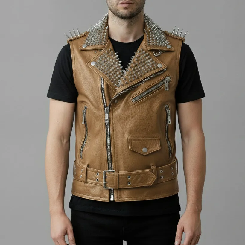 Leather Biker Studded Belted Jacket