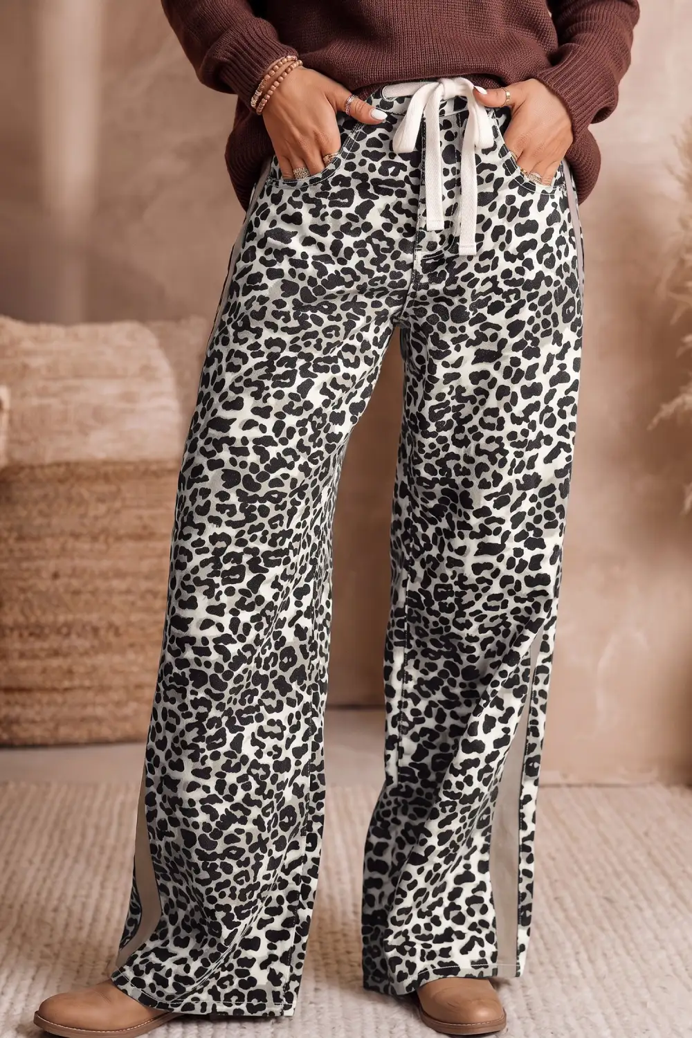 Women's Leopard Print Drawstring Waist Straight Leg Jeans