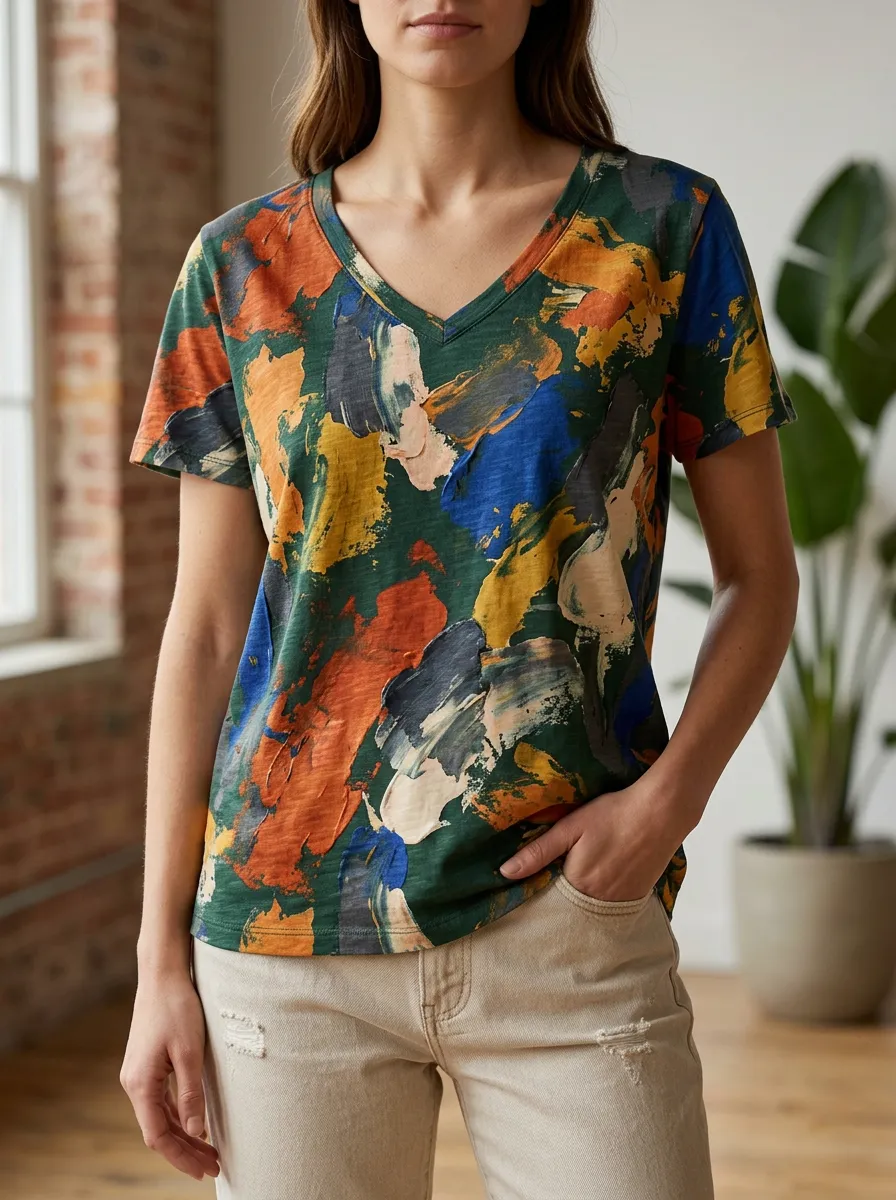 Women's Dynamic Abstract Art Lover Colorful Brushstroke V-Neck T-Shirt