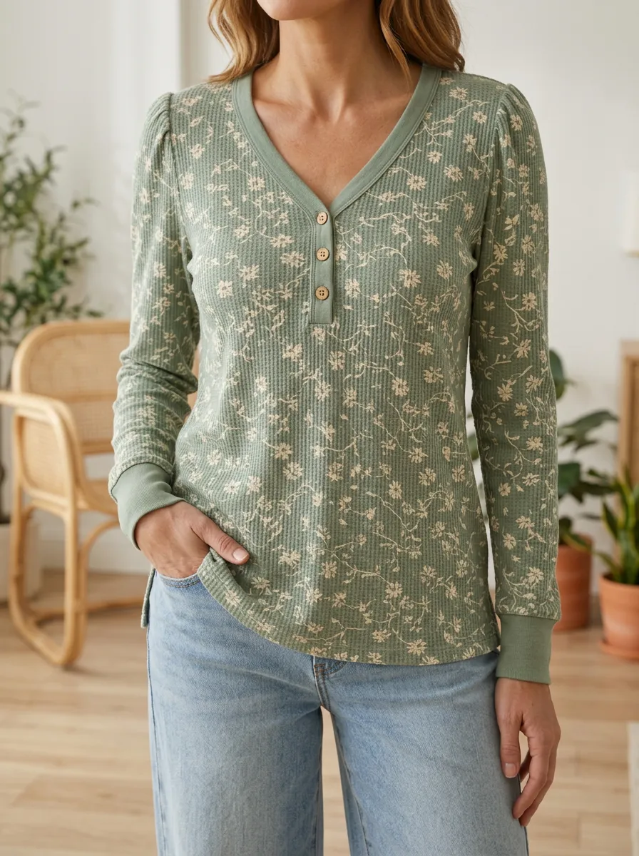 Women's Sketch Floral Pattern Waffle Knit Printed Button V-Neck T-Shirt