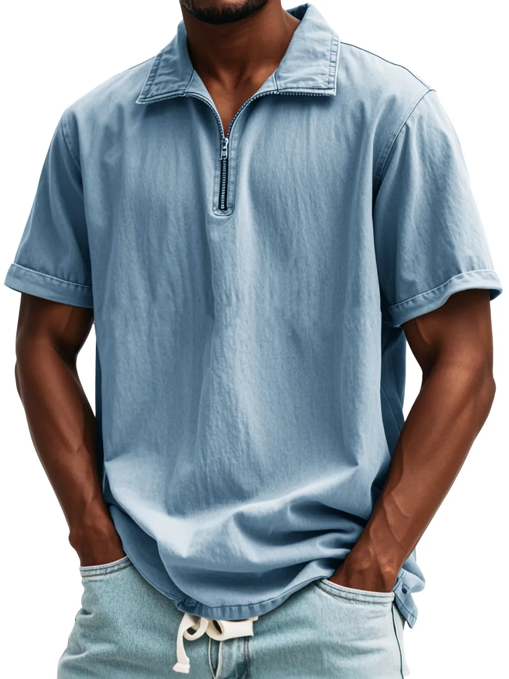 Relaxed Short Sleeve Stand Collar Zip Front Shirt