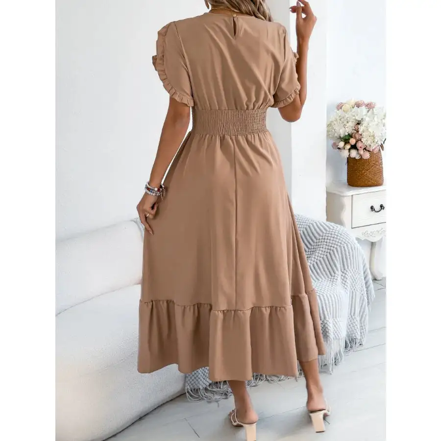 Smocked Frill Round Neck Midi Dress