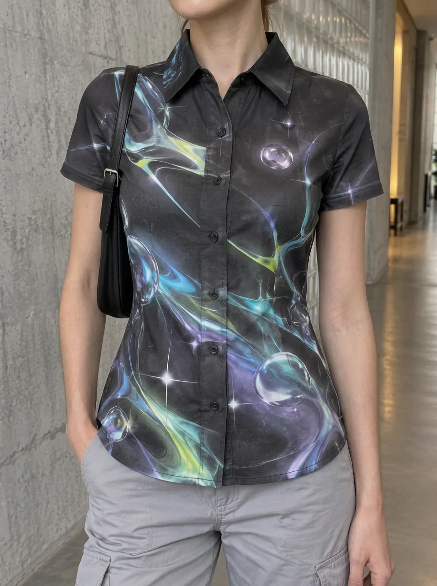 Women's Balanced Y2K Aesthetic Abstract Bubble Galaxy Shirt