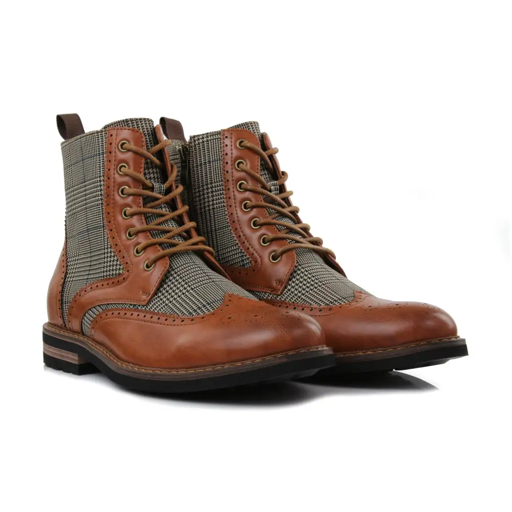 Faux-Leather Wingtip Brogue Motorcycle Boots