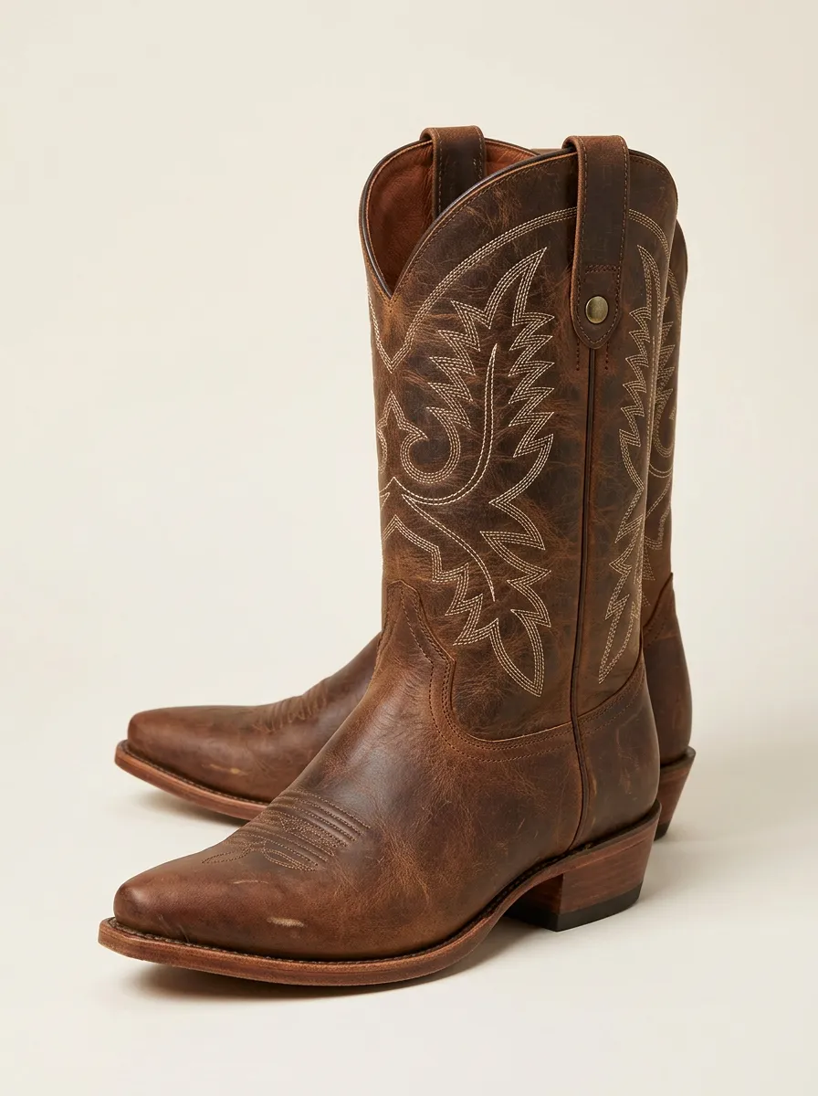 Men's Western Cowboy Embroidered Brown Leather Printed Boots
