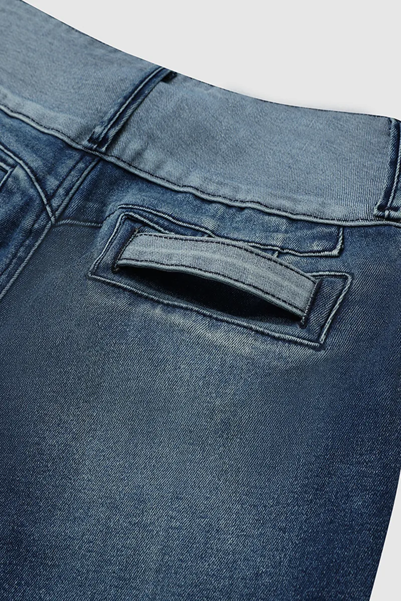 Two Tone Button Front Ripped Denim Bermuda Shorts