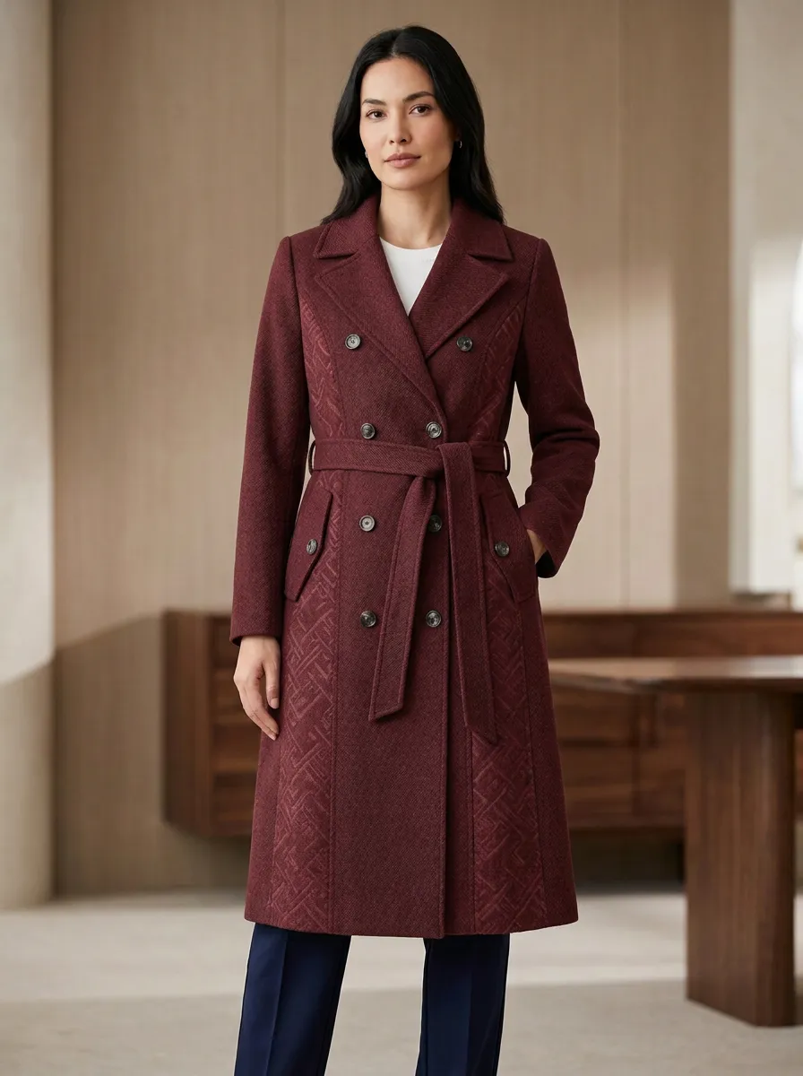 Women's Geometric Pattern Gray Double-Breasted Pattern Coat