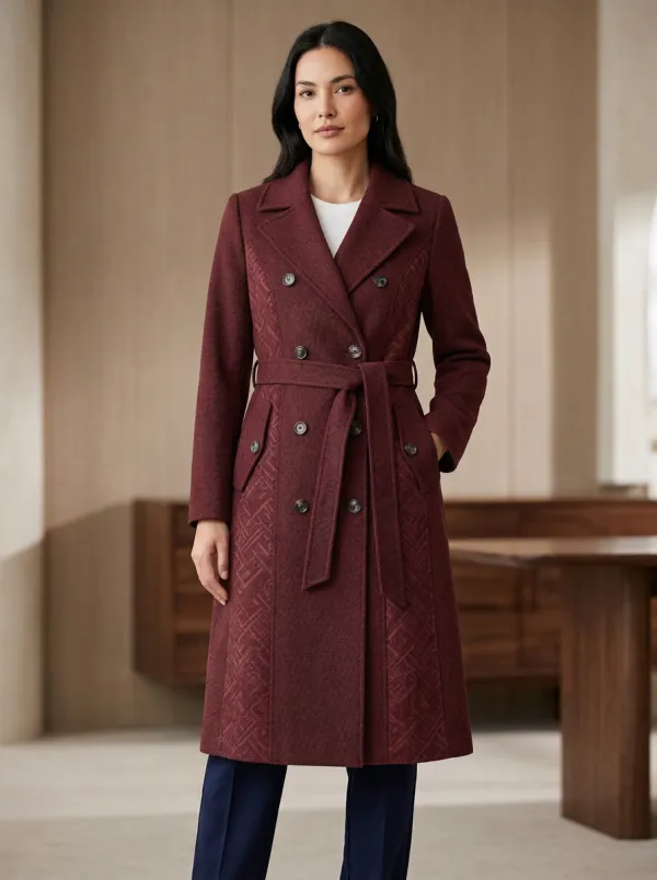 Women's Geometric Pattern Gray Double-Breasted Pattern Coat