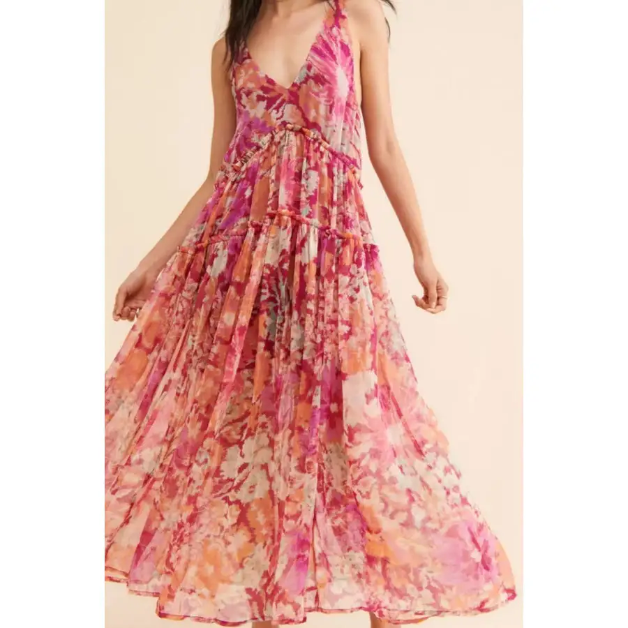 Frill Printed V-neck Midi Dress