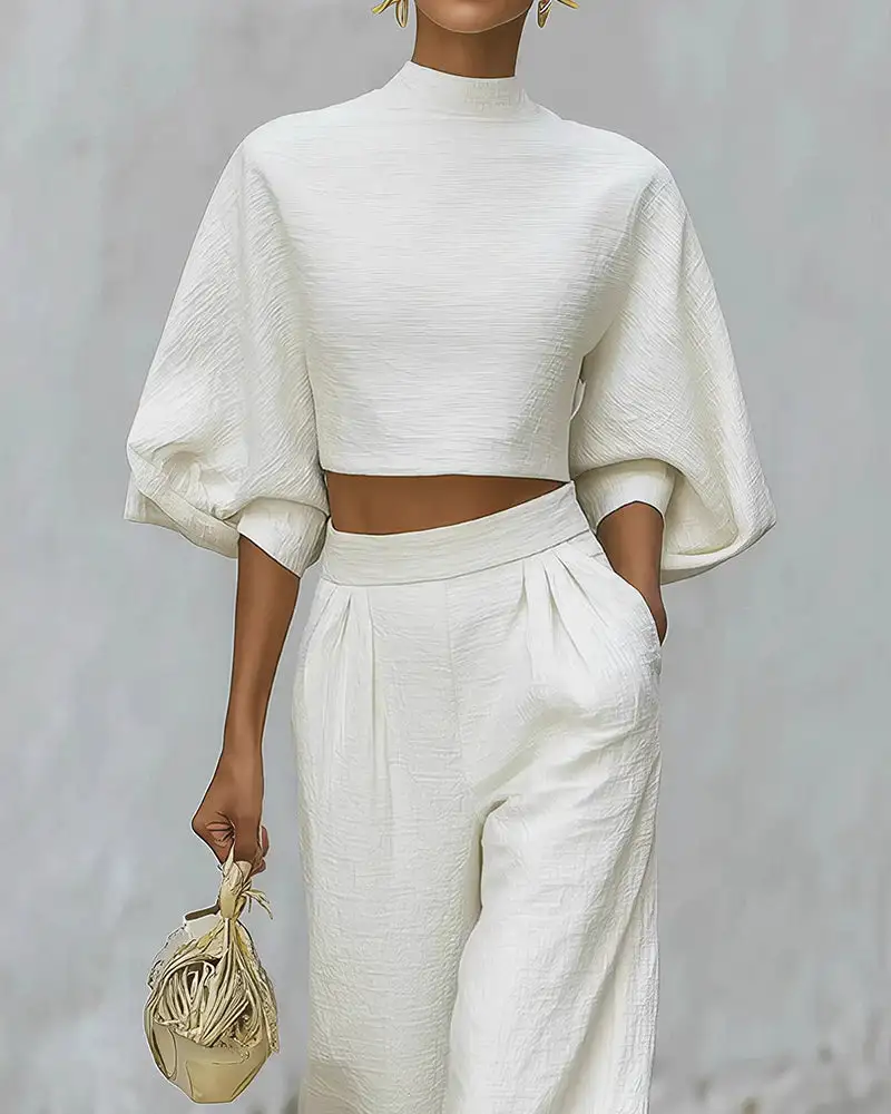 Textured Two-Piece Set Puff Sleeve Crop Top and Wide Leg Pants