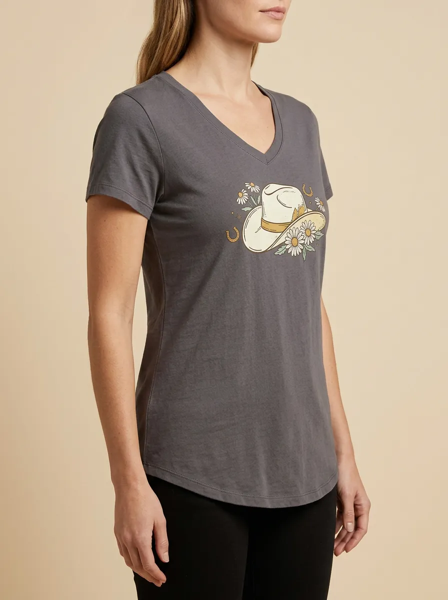 Women's Cowgirl Daisy & Horseshoe Graphic V-Neck T-Shirt