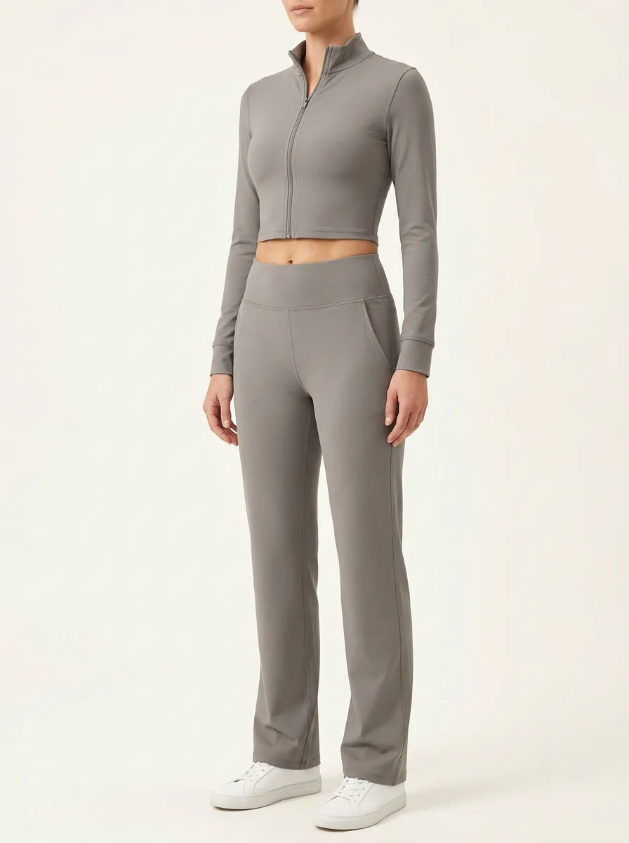 Women's Mock-Neck Zip-Up Cropped Jacket and High-Rise Straight-Leg Pant Set