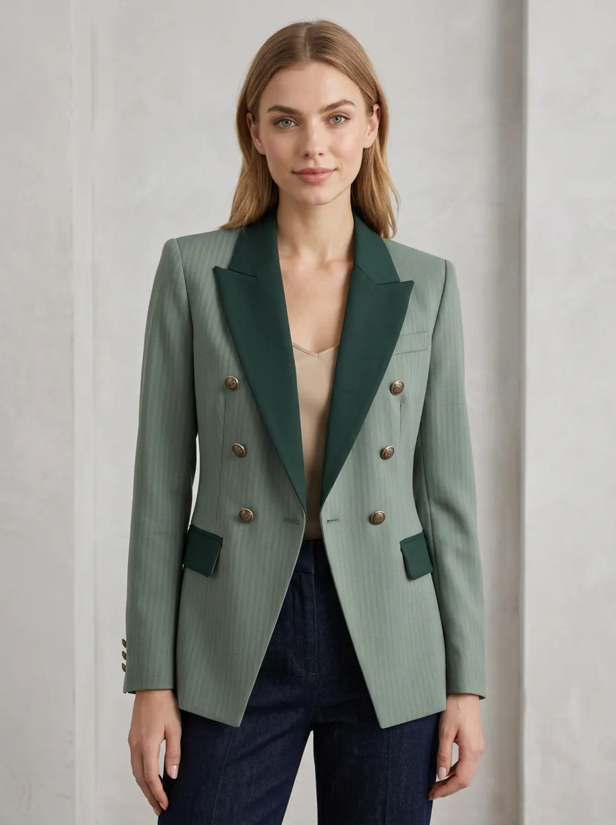 Women's Sage Green Herringbone Double Breasted Blazer Jacket