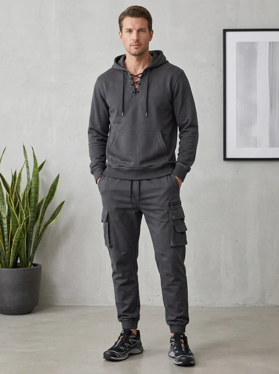 Core Lace-Up Multi Pocket Finish Men's Lace Up Hoodie And Cargo Jogger Set
