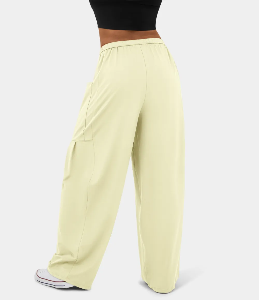 Mid Rise Elastic Waistband Drawstring Side Pocket Palazzo Flowy Wide Leg Casual Pants