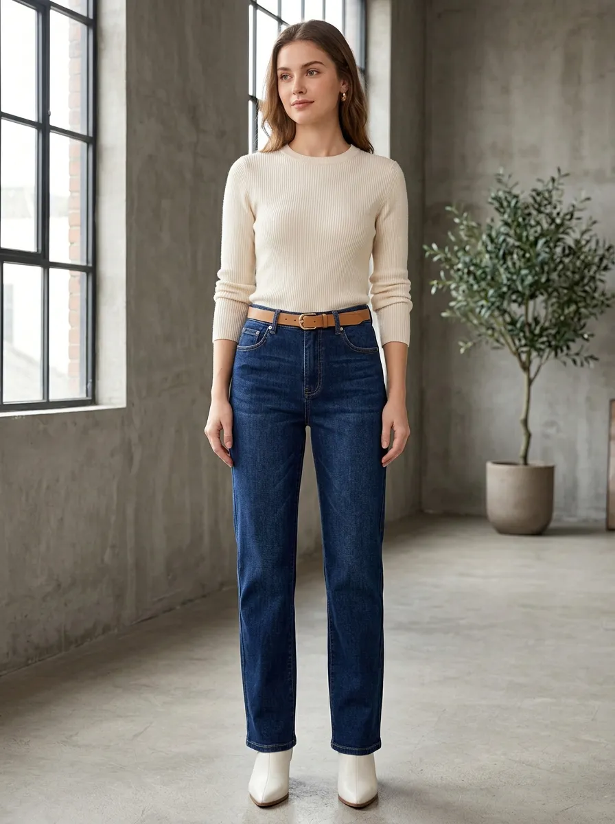 Relaxed Women's Casual Daily Wear Dark Denim Straight Leg Jeans