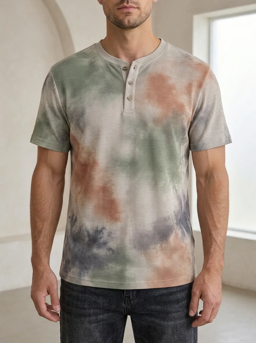 Men's Casual Tie-Dye Waffle Knit Buttoned Henley T-Shirt