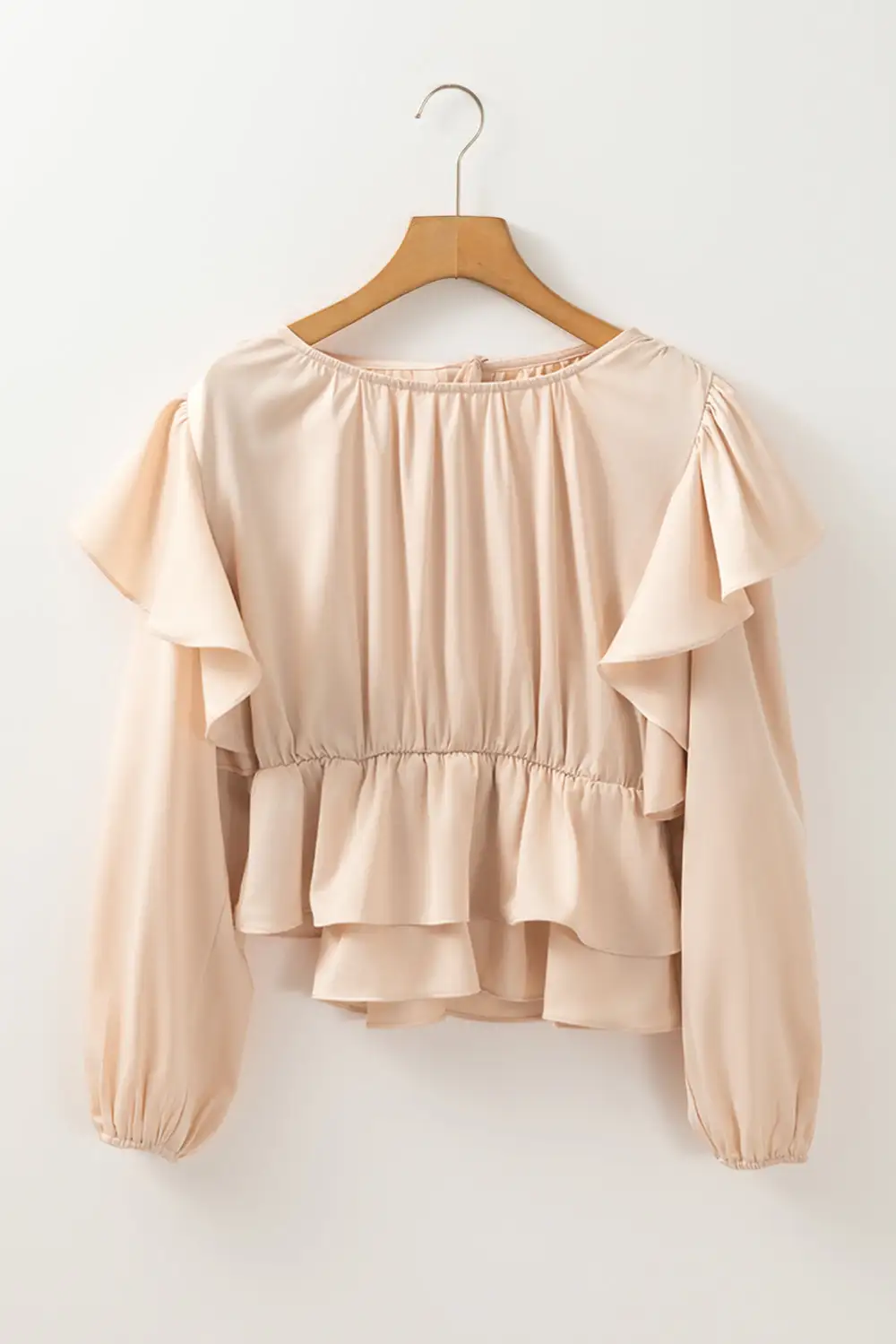 Oatmeal Lace-Up Keyhole Back Ruffled Peplum Blouse