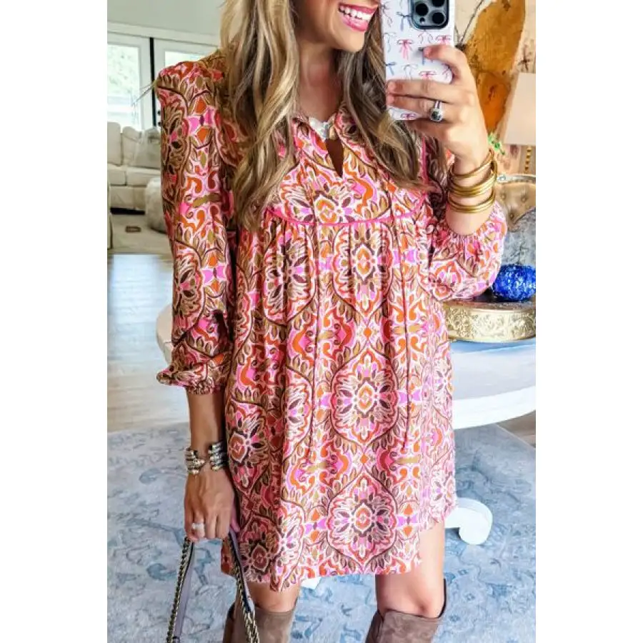 Casual Everyday Tie Neck Long Sleeve Mini Dress