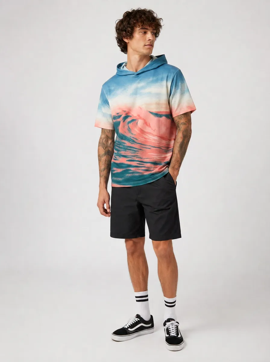 Men's Beach Surfer Ocean Wave Sunset Printed Hoodie T-shirt