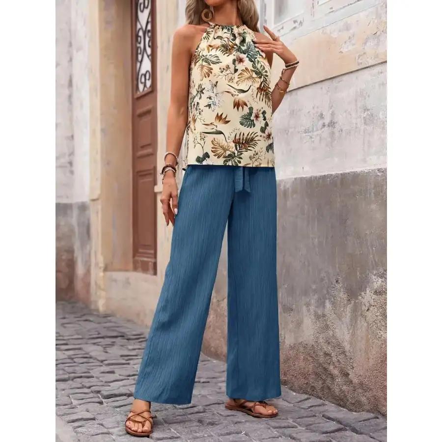 Printed Tank Top and Wide Leg Pants Set