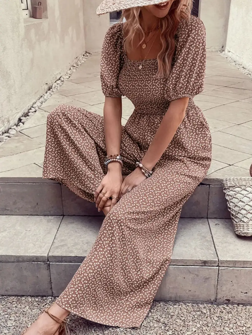 Printed Square Neck Puff Sleeve Everyday Jumpsuit