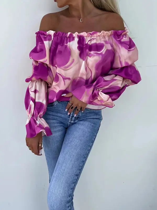 Long Sleeve Relaxed Elasticity Print Off The Shoulder T-Shirt