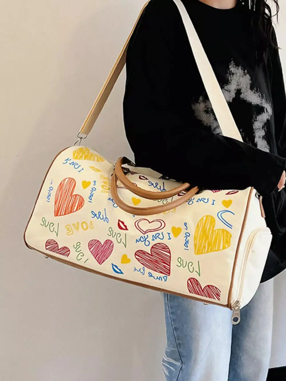 Printed Adjustable Strap Duffel Bag