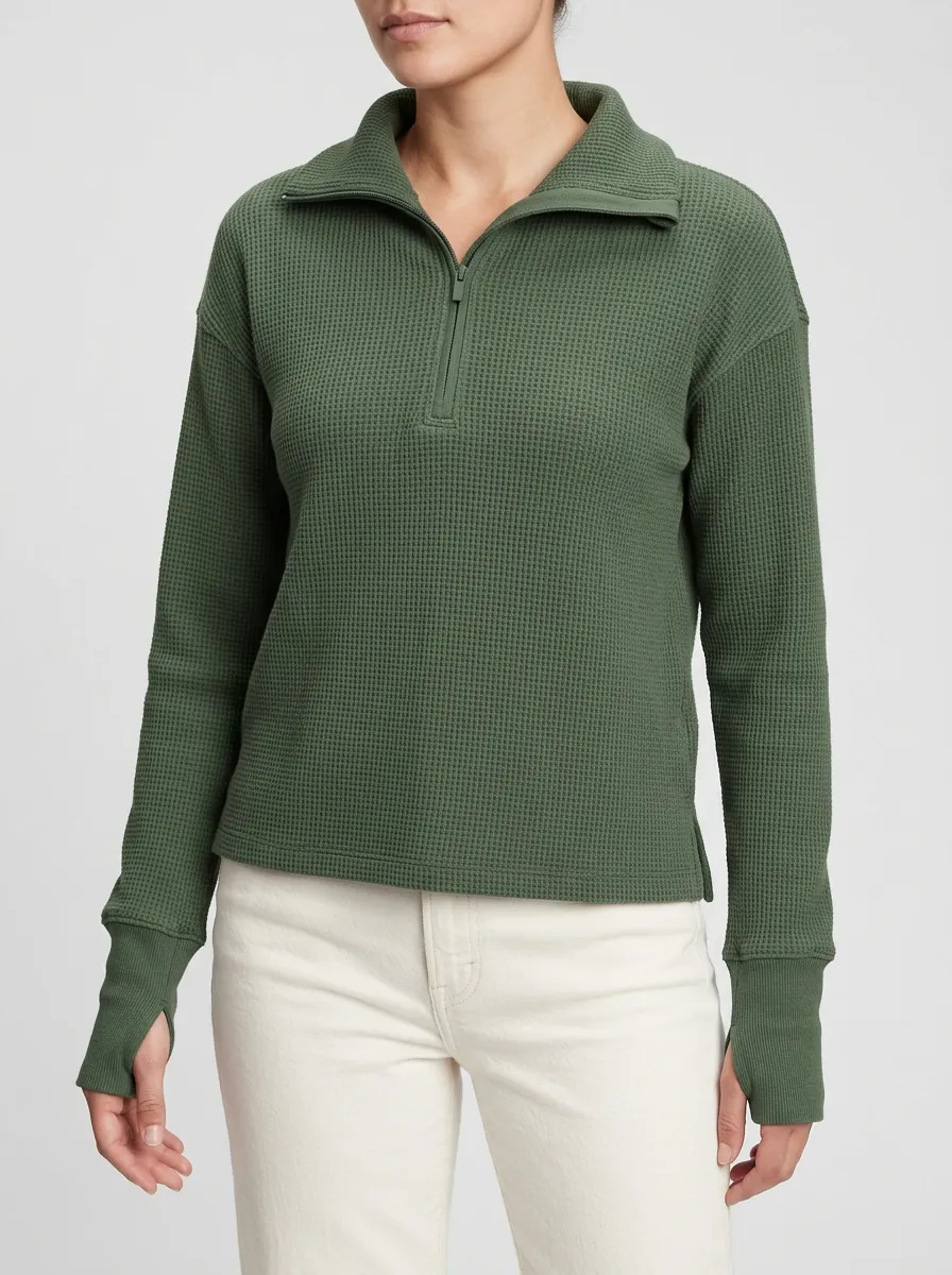 Clean Contemporary Waffle Knit Quarter Zip Pullover Top