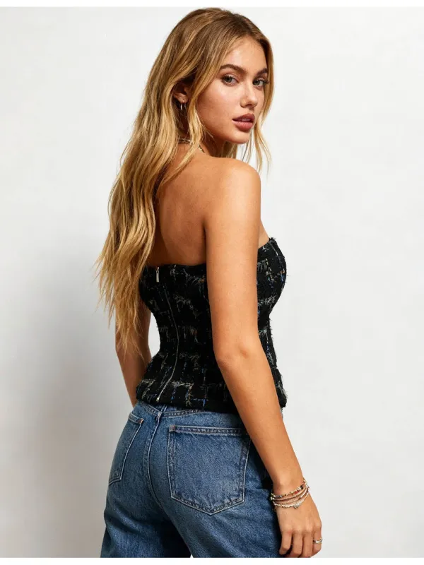 Tweed Checked Pattern Color Block Tube Top