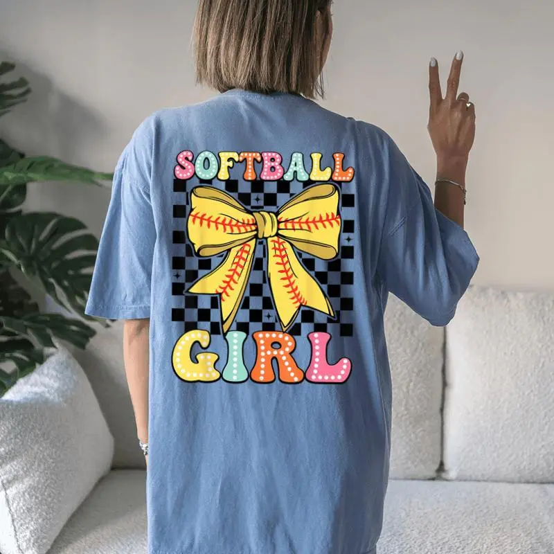 Groovy Softball Girl Coquette Bow Softball Girls Women Women's Oversized Comfort T-Shirt Back Print