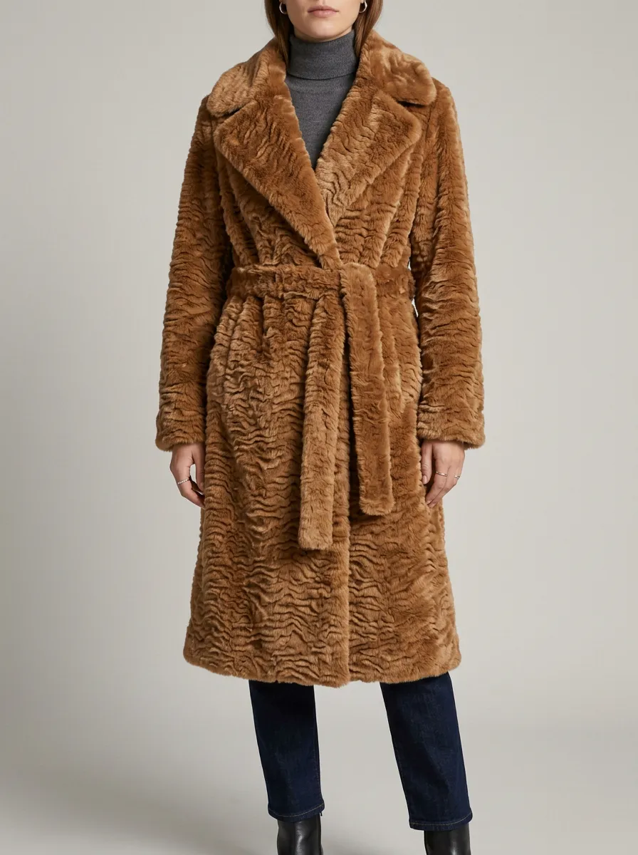 Notched Lapel Textured Faux Fur Belted Coat