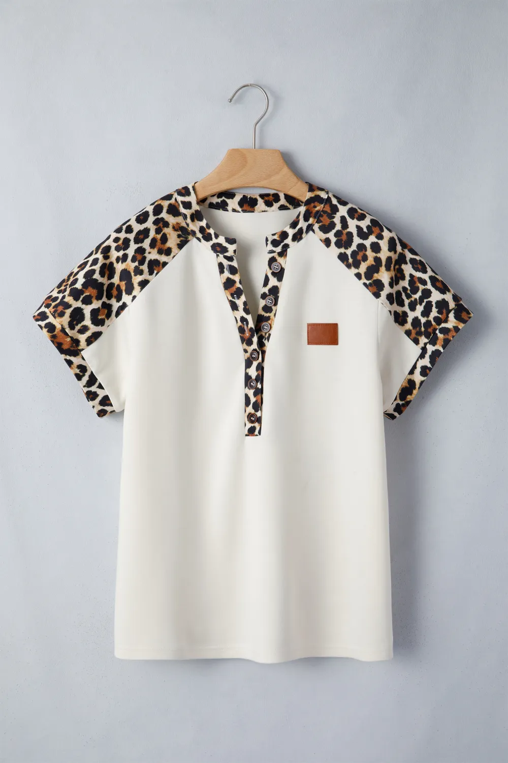 Beige Leopard Patchwork Half Button Top