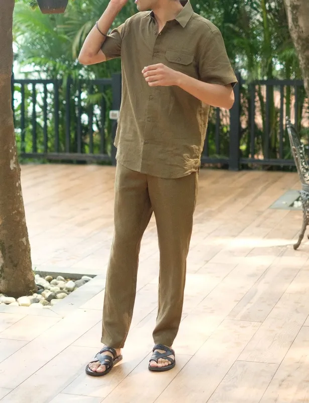 Olive Green Short Sleeve Linen Shirt