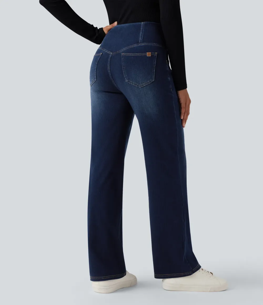 High-waisted, relaxed, crossover straight-leg jeans with  pockets