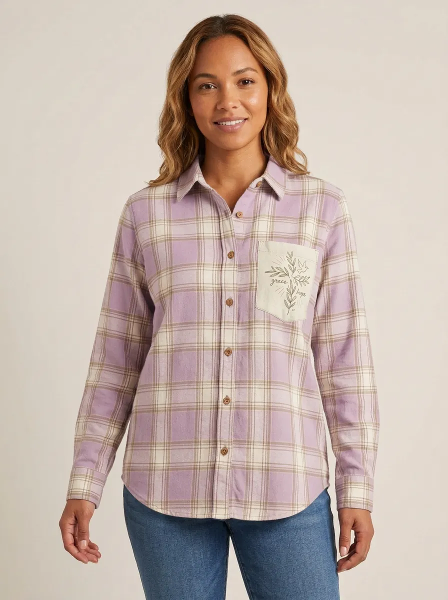 Women's Faith Lover Grace Hope Floral Pocket Printed Flannel Shirt