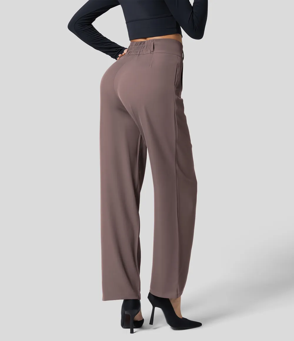 High Waisted Button Zipper Plicated Side Pocket Shirred Straight Leg Work Pants