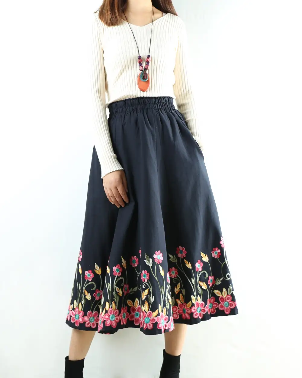 Embroidered Linen Maxi Skirt