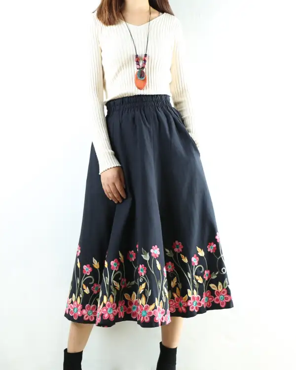 Embroidered Linen Maxi Skirt