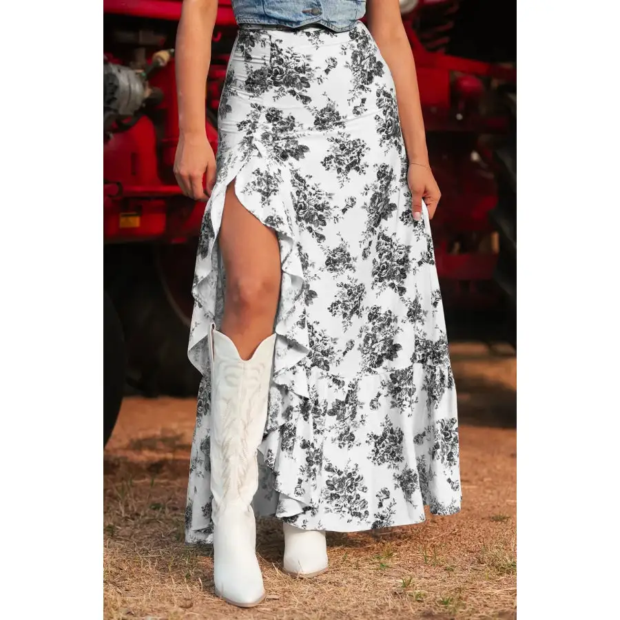 Boho Floral High Waist Ruffle Split Maxi Skirt