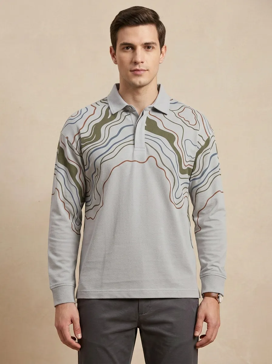 Men's Outdoor Adventure Topographic Map Printed Long Sleeve Polo Shirt
