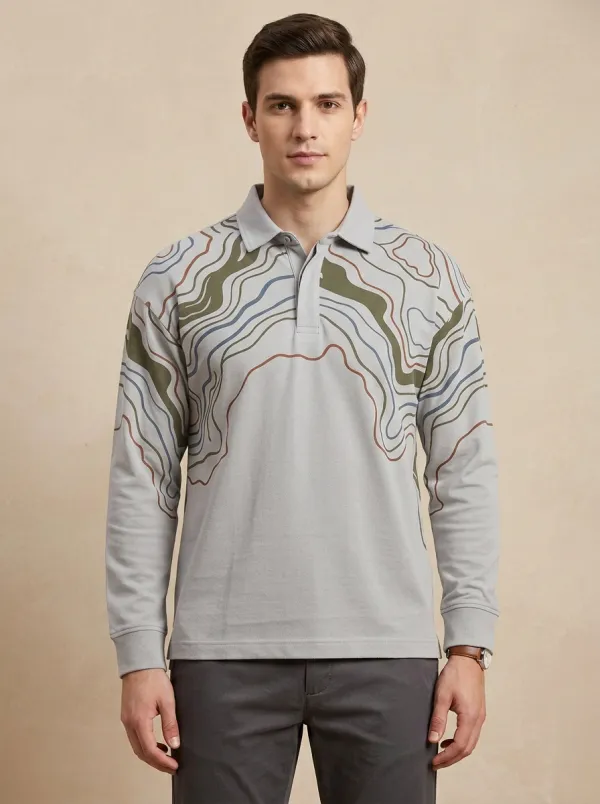 Men's Outdoor Adventure Topographic Map Printed Long Sleeve Polo Shirt